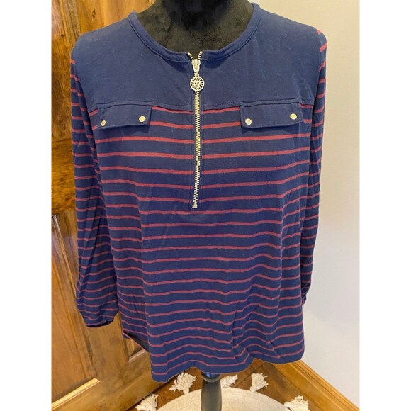 Anne Klein Tops - Anne Klein Petite XL Classy Navy Striped Gold Zipper Dressy Blouse Top